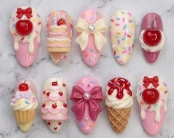 Handmade Sweet Dessert Press On Nails, 3D Cake & Ice Cream Art with Kawaii Cherry Sprinkles Fake Nails Design, Pink Pastel Bold Artistic