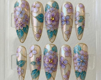 Purple Stained Glass Iridescent Chrome Floral Press On Nails, Hand Painted Cloisonné Flower Nail Art Design, Luxury Reusable Almond Manicure