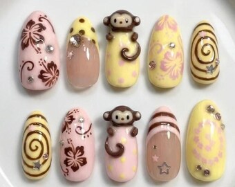 Y2K Retro Tropical Press On Nails with Polka Dot, 3D Monkey & Brown Hibiscus Flower in Medium Almond Nail Art, Handmade Fake Nails For Party