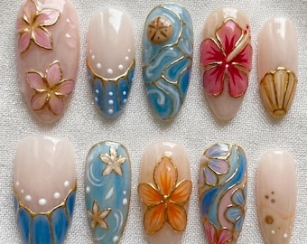 Handmade Stained Glass Tropical Hibiscus Press On Nails, Summer Island Ocean Design, Luxury Gold Foil Floral Nail Set, Elegant Gift for her
