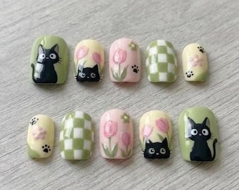 Handmade Black Cat Tulip Floral Press On Nails, Kawaii Checkerboard Fake Nail Design, Pastel Cottagecore Spring in Short Square for Party