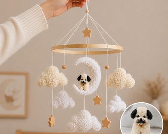 Móvil de cuna personalizado para perros, móvil para bebé personalizado, perrito hecho a mano con limpiapipas, decoración de guardería con nubes y luna, regalo para baby shower