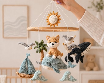 Custom Dog Baby Mobile, Crochet Ocean Crib Decor, Handmade Whale Sailboat Nursery Gift