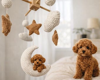 Custom Pet Crochet Baby Mobile, Personalized Dog Cat Nursery Decor, Moon Stars Clouds