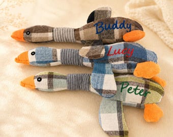Personalized Goose Dog Toy, Custom Embroidered Pet Plush, Farmhouse Plaid Design