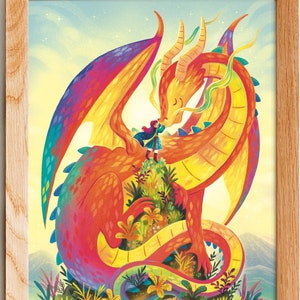 Lámina de arte de dragón arcoíris y niña caballero, cuento de hadas, fantasía, arte infantil ilustrado, empoderamiento de las niñas, arte de dragón, poder femenino, arte de niña mágica