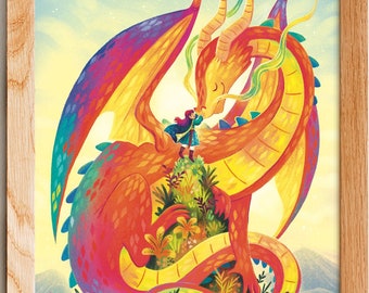 Rainbow Dragon & Girl Knight Art Print, fairytale, fantasy, Illustrated kids art, girl empowerment, dragon art, girl power, magical girl art