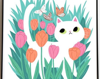 White Cat In Tulips Illustration Print 8by10, 8.5 by 11, wall art, illustration, cat art, Home Decor, Cat artwork, art prints, flowers, boho