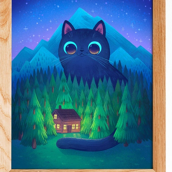 Cozy Cabin Cat Kunstdruck, 21 x 39,5 x 34,5 cm, Katzenbild, Illustration, Katzenkunst, Landhaus, Kunstdrucke, süße Katze, Wald, Nacht