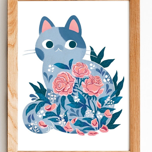 Grey Cat In Rose Flowers Illustration Print, 8by10, 8.5 by 11, wall art, illustration, cat art, Home Decor, Cat artwork, art print,
