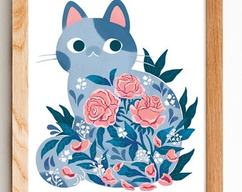 Grey Cat In Rose Flowers Illustration Print, 8by10, 8.5 by 11, wall art, illustration, cat art, Home Decor, Cat artwork, art print,