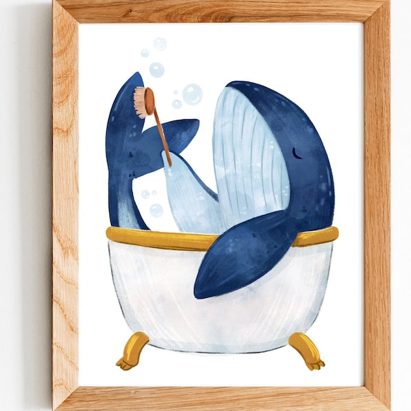 Whale in Bathtub, Bathroom Art Print, Washroom Art 8by10, 8.5 by 11, funny art, illustration, Home Decor, art prints, Humorous art, Sea
