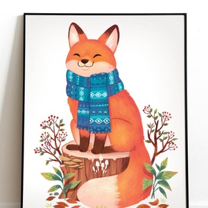 Cozy Fox illustrated Print: 8.5 by 11, 8 by 10, room decor, wall art, animal in scarves art, illustration, cottage core,