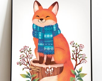 Cozy Fox illustrated Print: 8.5 by 11, 8 by 10, room decor, wall art, animal in scarves art, illustration, cottage core,