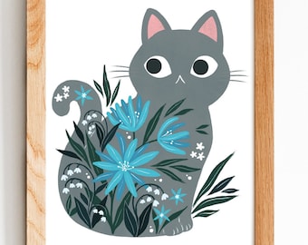 Grey cat in Blue Aster Flowers Illustration Print 8by10, 8.5 by 11, wall art, illustration, cat art, Home Decor, Cat artwork, art print,