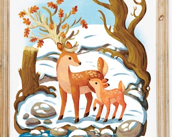 Deer in winter: Dear Print 8by10, 8.5 by 11, wall art, illustration, Dear art, Home Decor, winter artwork, art print, animal, forest, fall
