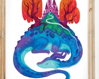 Sleepy Mountain Dragon Art Print, Illustrated artwork, dragon art, decor print, kids room art, art print, castle art, fantasy art, mythical