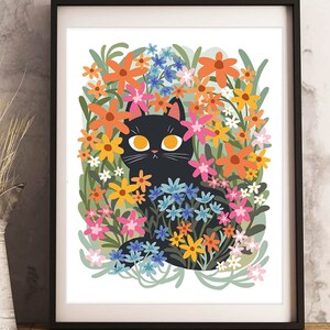 Black cat in Colorful Flowers Illustration Print 8by10, 8.5 by 11, wall art, illustration, cat art, Home Decor, Cat artwork, boho art print
