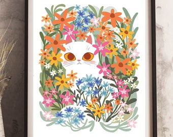 White cat in Colourful Flowers Illustration Print 8by10, 8.5 by 11, wall art, illustration, cat art, Home Decor, Cat artwork, boho art print