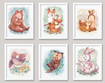 Animal Families nursery wall art, Nursery art print set, Gender neutral kids art, hugs, kids room decor, set of 6, woodland animals prints