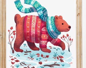 8.5 by Winter Print Forest, Art, Home Winter Illustration, Warm - 11, Bear: Cozy Bear Bear Art Art, Animal, Artwork, Etsy Print, Wall 8by10, Decor,