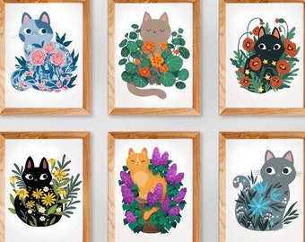 Cats in Flowers Print Set, 8.5 by 11 Print, 8 by 10 print, art print, home decor, cat artwork, designer prints, graphic prints, boho prints