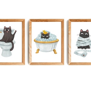 Bathroom Cat Art Print Set, 8.5 by 11, wall art, illustration, funny art, cat art, Home Decor, Cat artwork, art prints, boho art print