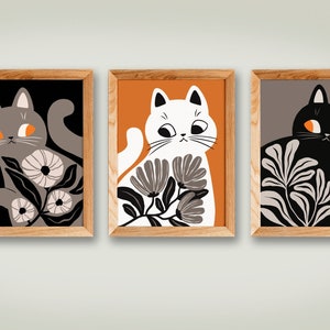 Neutral Boho Cats Art Print Set, mid century modern art, Illustration Prints, cat wall art, cat art, nurtural wall art, black and white