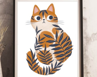 Boho Orange tiger Cat Illustration  Art Print 8by10, 8.5 by 11, wall art, illustration, cat art, Home Decor, Cat artwork, art print, tabby