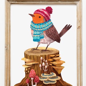 Cozy Winter Robin: Bird Print 8by10, 8.5 by 11, wall art, illustration, bird art, Home Decor, bird artwork, art print, robin, mushroom art