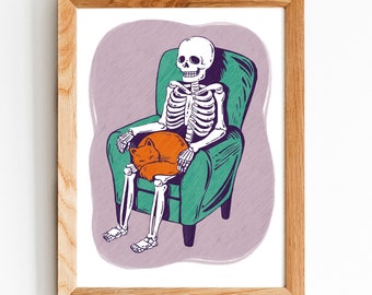 Funny Cat Art, Cat Sleeping on Skeleton art print 8by10, 8.5 by 11, dark humour wall art, Home Decor, Cat artwork, art print, cat lady print