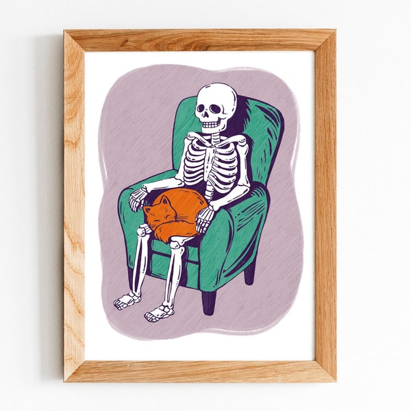 Funny Cat Art, Cat Sleeping on Skeleton art print 8by10, 8.5 by 11, dark humour wall art, Home Decor, Cat artwork, art print, cat lady print