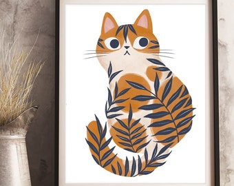 Orange tiger Cat Illustration, Art Print, 8by10, 8.5 by 11, wall art, illustration, cat art, Home Decor, Cat artwork, boho art, simple art