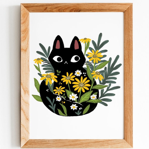 Black Cat In Flowers Illustration Print 8by10, 8.5 by 11, wall art, illustration, cat art, Home Decor, Cat artwork, art print,