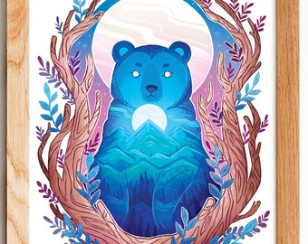 Moon Forest Spirit Bear Illustration Print 8by10, 8.5 by 11, wall art, illustration, Bear art, Home Decor, artwork, art print, night
