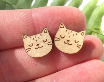 Wood Cat Face Earrings, stud earrings, cute, cat post stud earrings, stud earrings, wood jewelry,