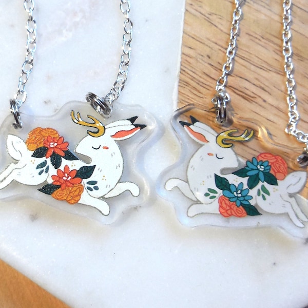 Reversible Jackalope Bunny necklace, 2 in 1 pendant -  Acrylic jewelry animal charm