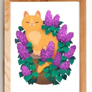 Orange Cat In Lilac Flowers Illustration Art Print: 8by10, 8.5 by 11, wall art, illustration, cat art, Home Decor, Cat artwork, art print,