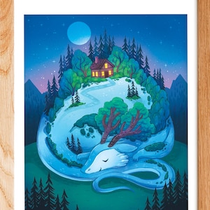 NightFall Mountain Dragon Art Print, Illustrated art, dragon art, cabin art, kids room art, art print, magical art, fantasy, mythical