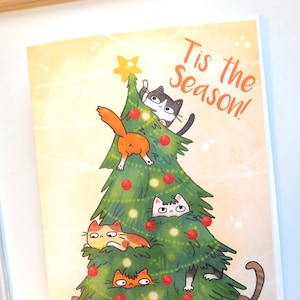 Carte de chat de Noël de vacances, cartes mignonnes, carte de voeux, carte drôle, stationnaire