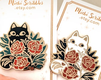 Cat with roses Enamel Pin ; Black cat, White cat Lapel Pin, Brooch Pin 1.5 inch, Cat, Plants, Accessories, jewelry, Hard Enamel, pins,