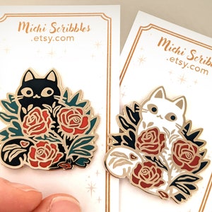 Cat with roses Enamel Pin ; Black cat, White cat Lapel Pin, Brooch Pin 1.5 inch, Cat, Plants, Accessories, jewelry, Hard Enamel, pins,