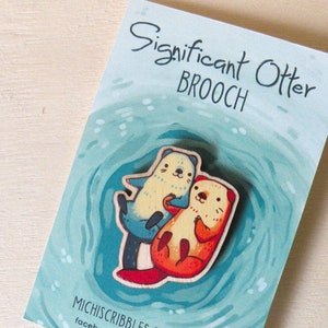 Otter brooch pin 1.5 inch - wooden jewelry, wood, acrylic,  animals, accessories, illustrated jewelry