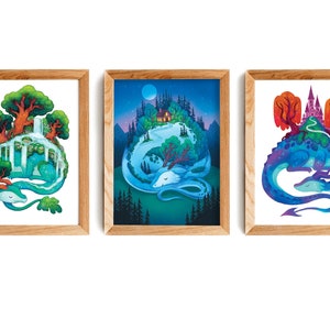 Set di 3 stampe artistiche di drago addormentato: arte illustrata, arte di draghi, arte di baite, arte della cameretta dei bambini, stampa artistica, arte magica, fantasy, mitica, notturna