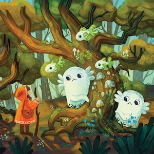 Impression d'art Forest Friends Adventure : oeuvres d'art de 11 x 8,5 pouces, chambre d'enfants, art mural, impression illustrée, fantastique, folklore, conte de fées, illustration