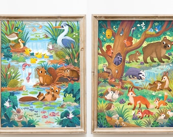 Forest & Pond Animals Art Print Set: 8.5 by 11, Woodland, Nature, Nursery art, playroom, kids room decor, boy, girl, bedroom, Ecosystem, uni