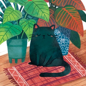 House Cat Meditation Print 8by10, 8.5 by 11, wall art, illustration, cat art, Home Decor, Cat artwork, art prints, black cat, boho cat art