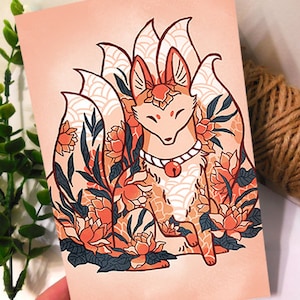 Carte Flower Fox Kitsune, anniversaire, carte de Saint Valentin, carte de voeux, papeterie