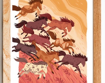 Running Horses illustrated Print: 8.5 by 11, 8 by 10, wall art, animal art, illustration, kids room, artwork