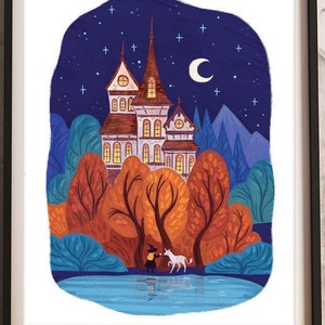 Witch's castle art print, fantastical illustration, magic, unicorn, kids room, art print, art print, 8.5 by 11, fine art, illustrated art image 1